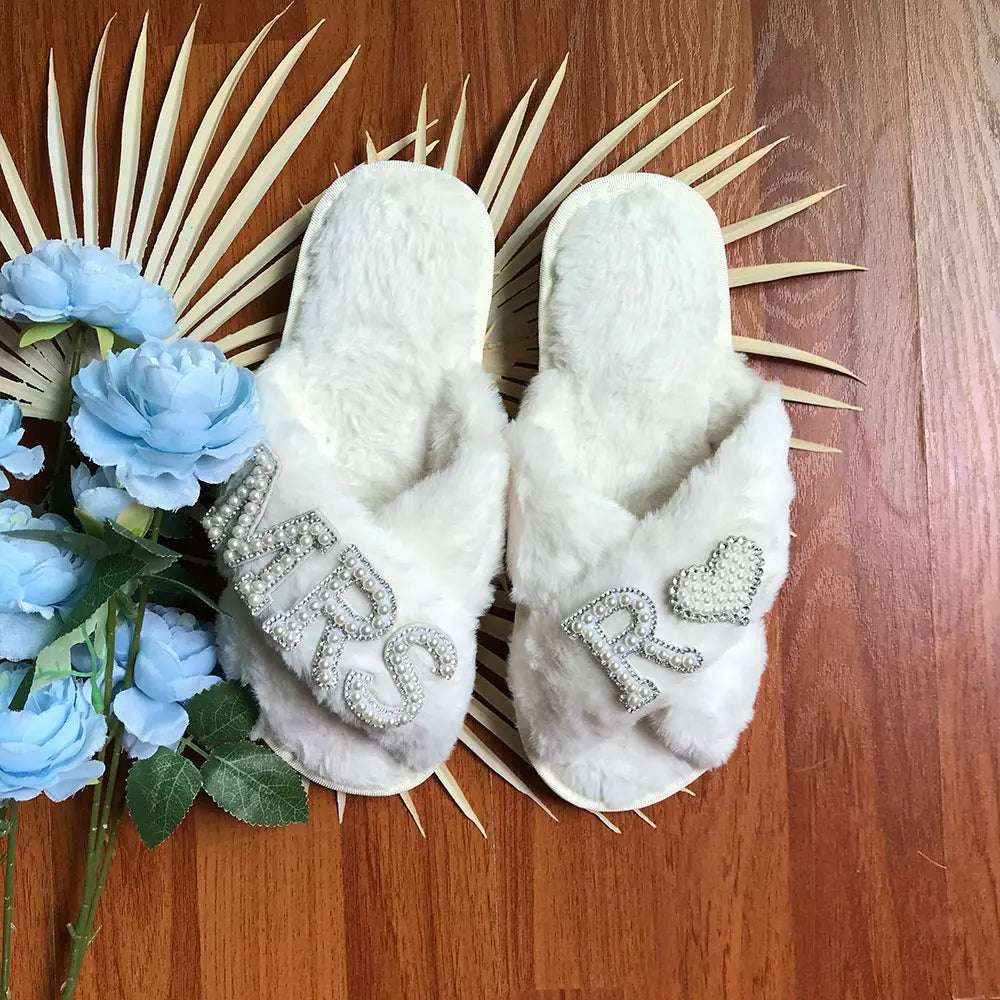 Personalised Bride Mrs Pearl Fluffy Slippers - slippers from Dear Cece - Just £24.99! Shop now at Dear Cece