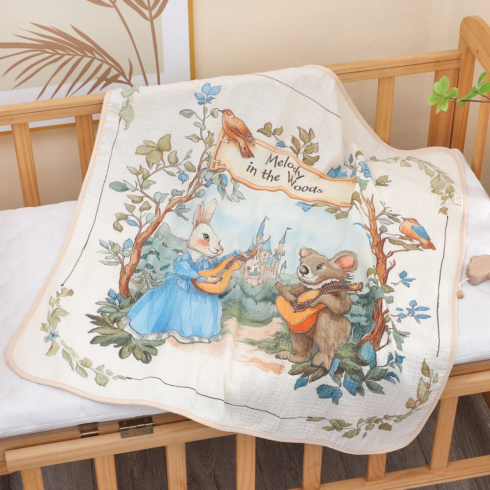 Baby cotton towel with cartoon characters playing instruments in a forest scene on a crib.