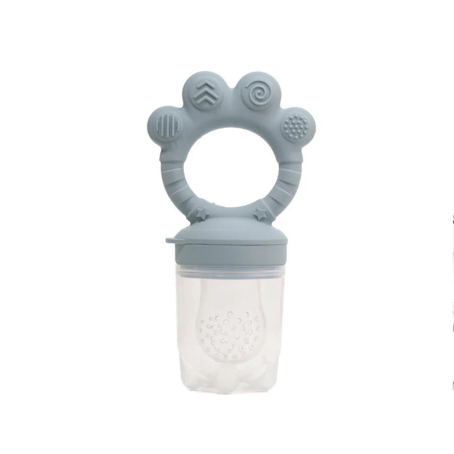 Blue silicone baby teether on a white background