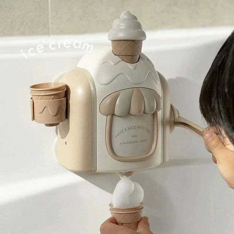 Ice cream-themed bath toy with a person holding it against a white background