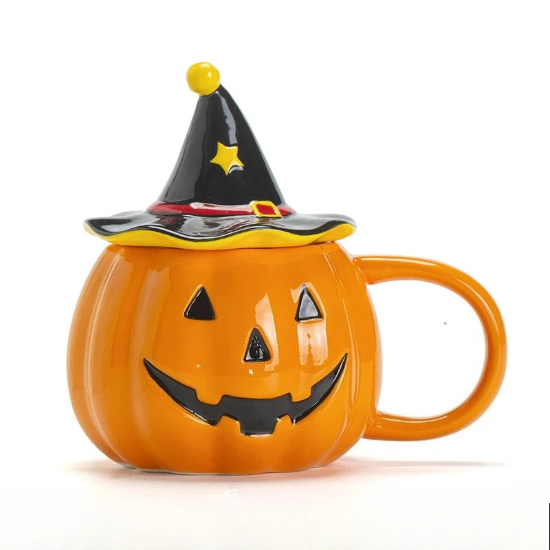 Pumpkin-shaped mug with witch hat on a white background