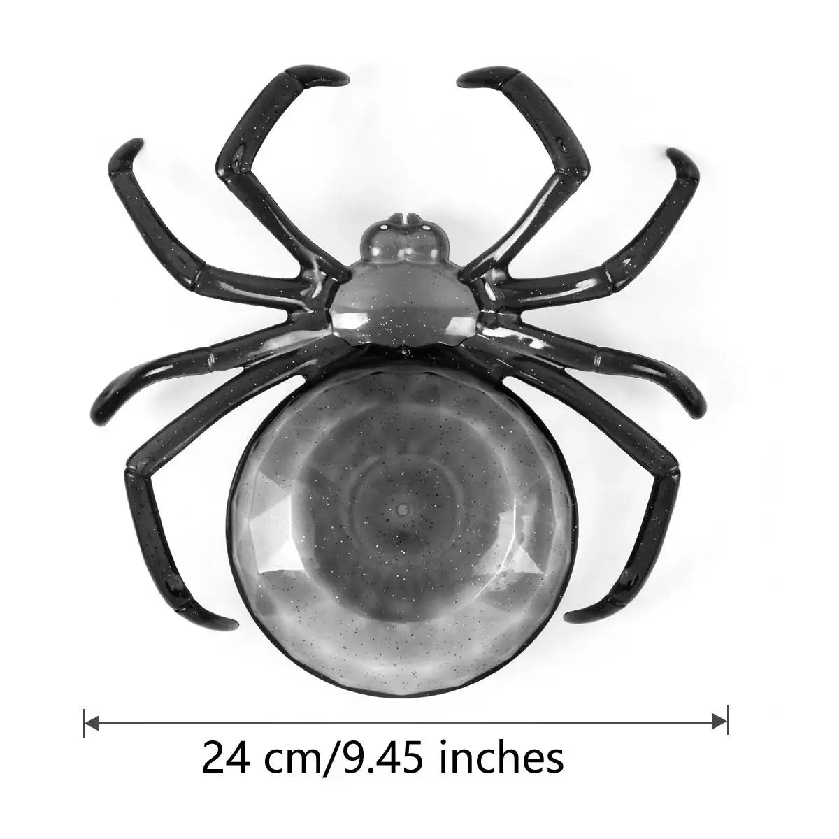 Black spider-shaped bowl with a clear sphere in the center, labeled with dimensions.