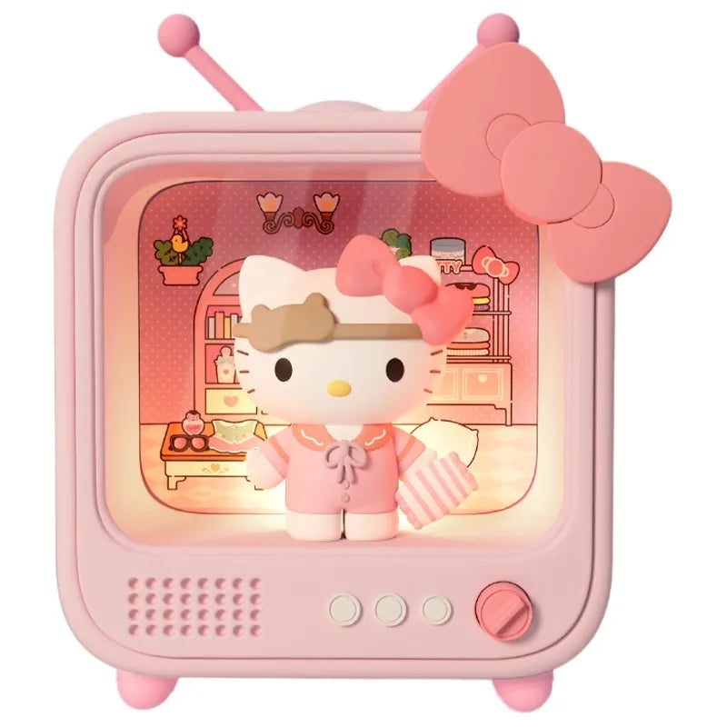 Pink toy TV with a cartoon character inside on a white background