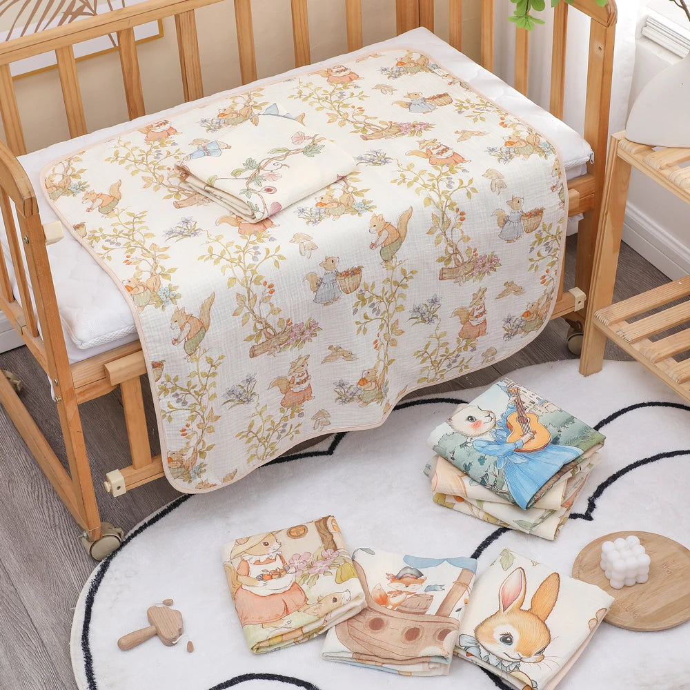 Baby crib with floral-patterned towel and children's books on a rug