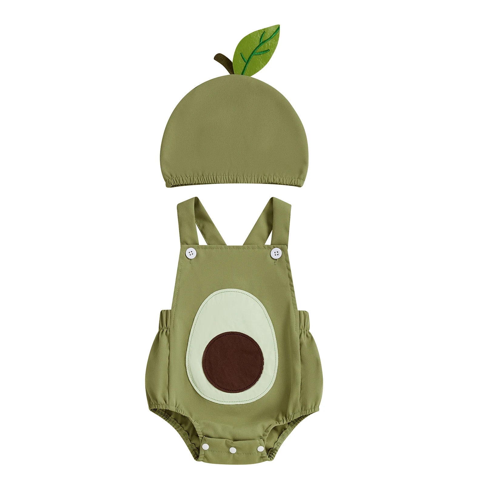 Avocado-themed baby romper with matching hat on a white background