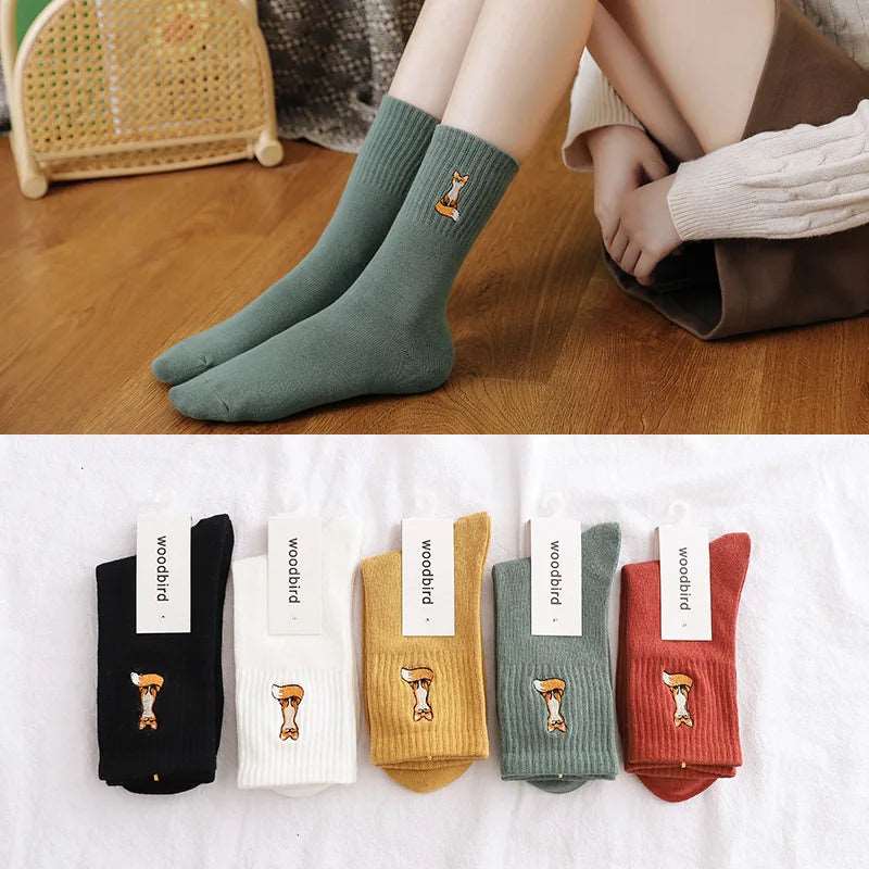 Autumn Vibes Embroidered Cotton Fox Socks - woodbird