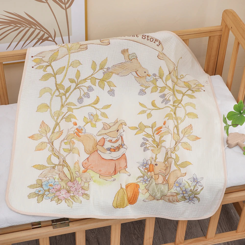Baby towel with cartoon characters on a crib