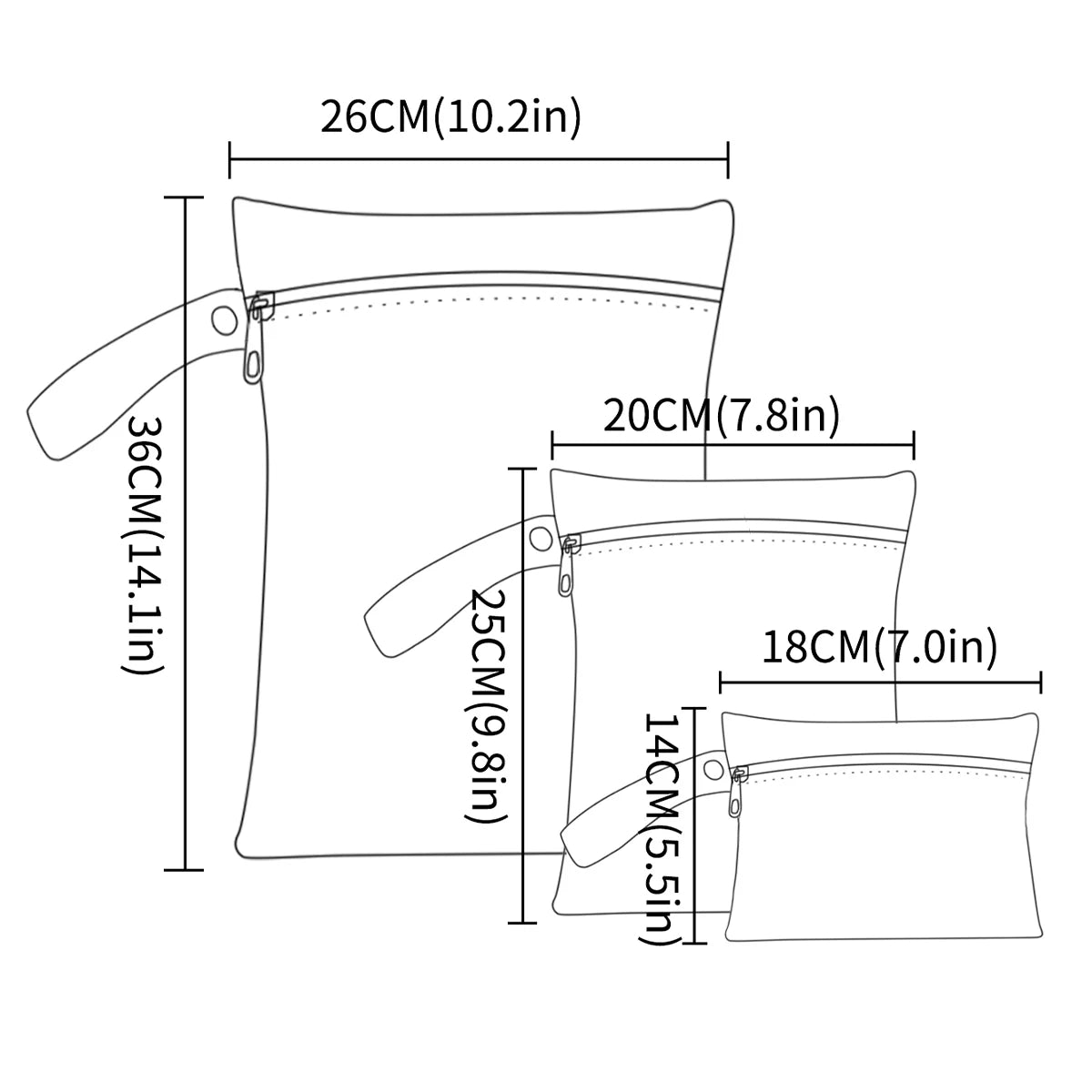 Illustration of a nappy bag with dimensions labeled in centimeters and inches.