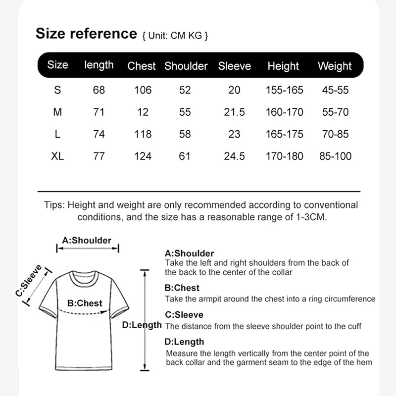Size reference chart for clothing with measurements in centimeters and kilograms.