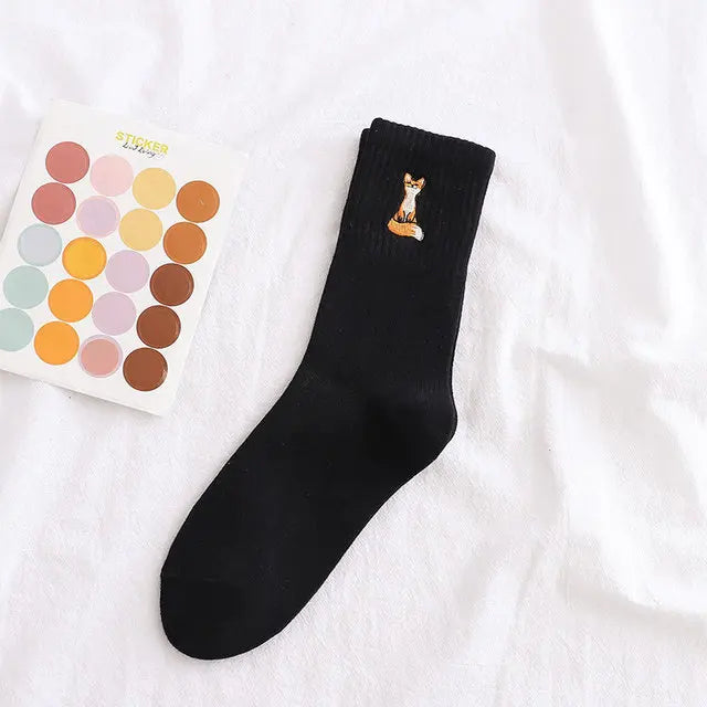 Black Autumn Vibes Embroidered Cotton Fox Socks
