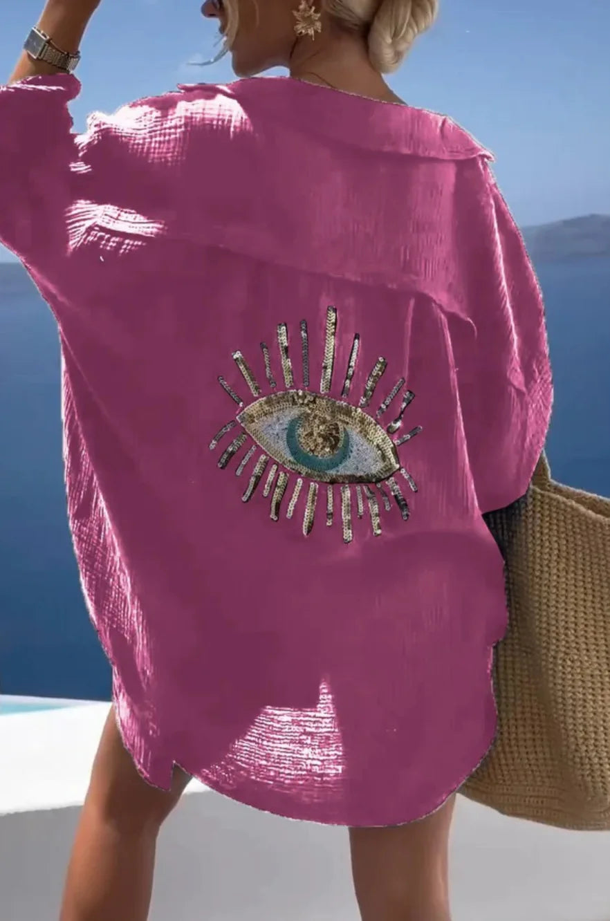 Sequin Evil Eye Oversize Linen Beach Shirt