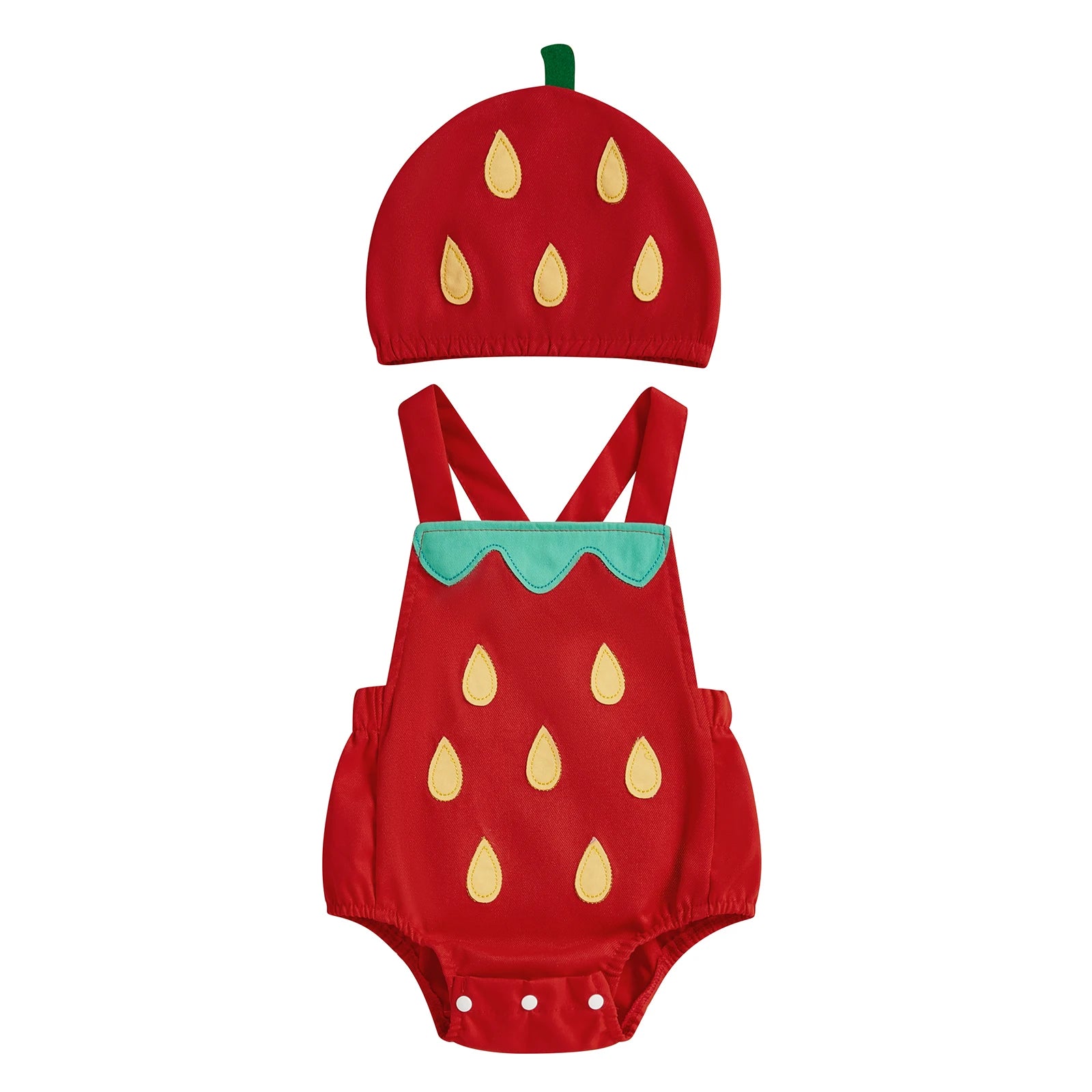Strawberry-themed baby romper and hat set on a white background