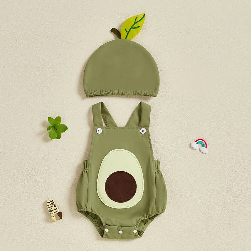 Avocado-themed baby outfit with romper, hat, and shoes on a beige background