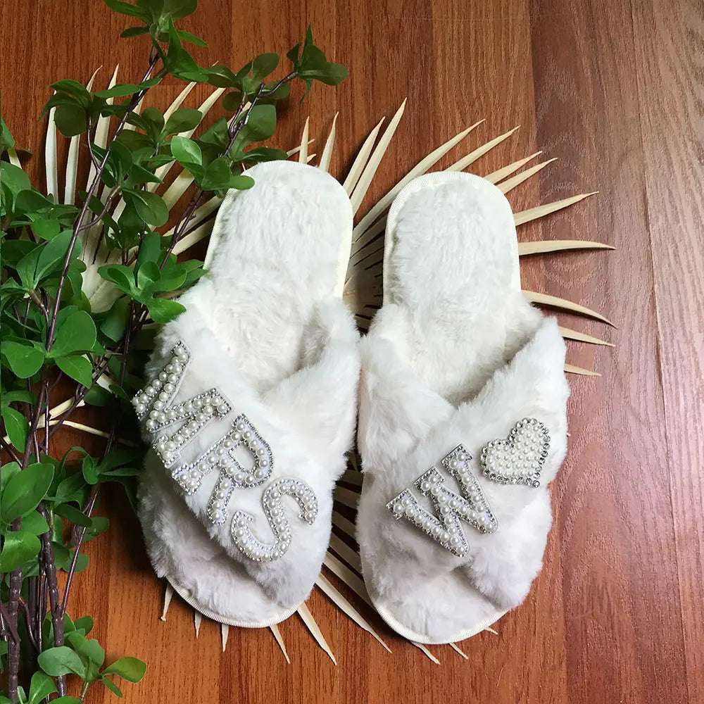 Personalised Bride Mrs Pearl Fluffy Slippers - slippers from Dear Cece - Just £24.99! Shop now at Dear Cece