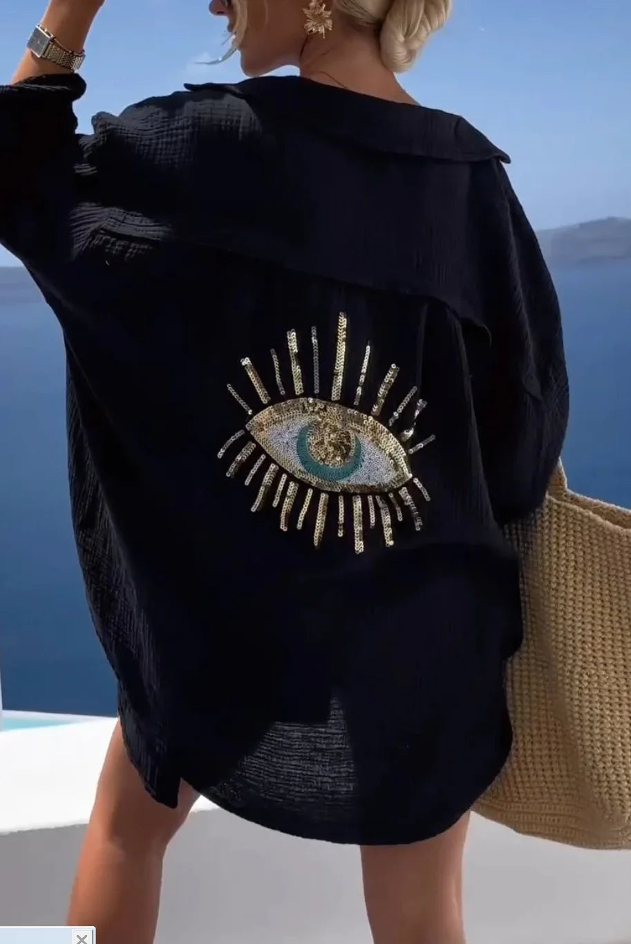 Sequin Evil Eye Oversize Linen Beach Shirt
