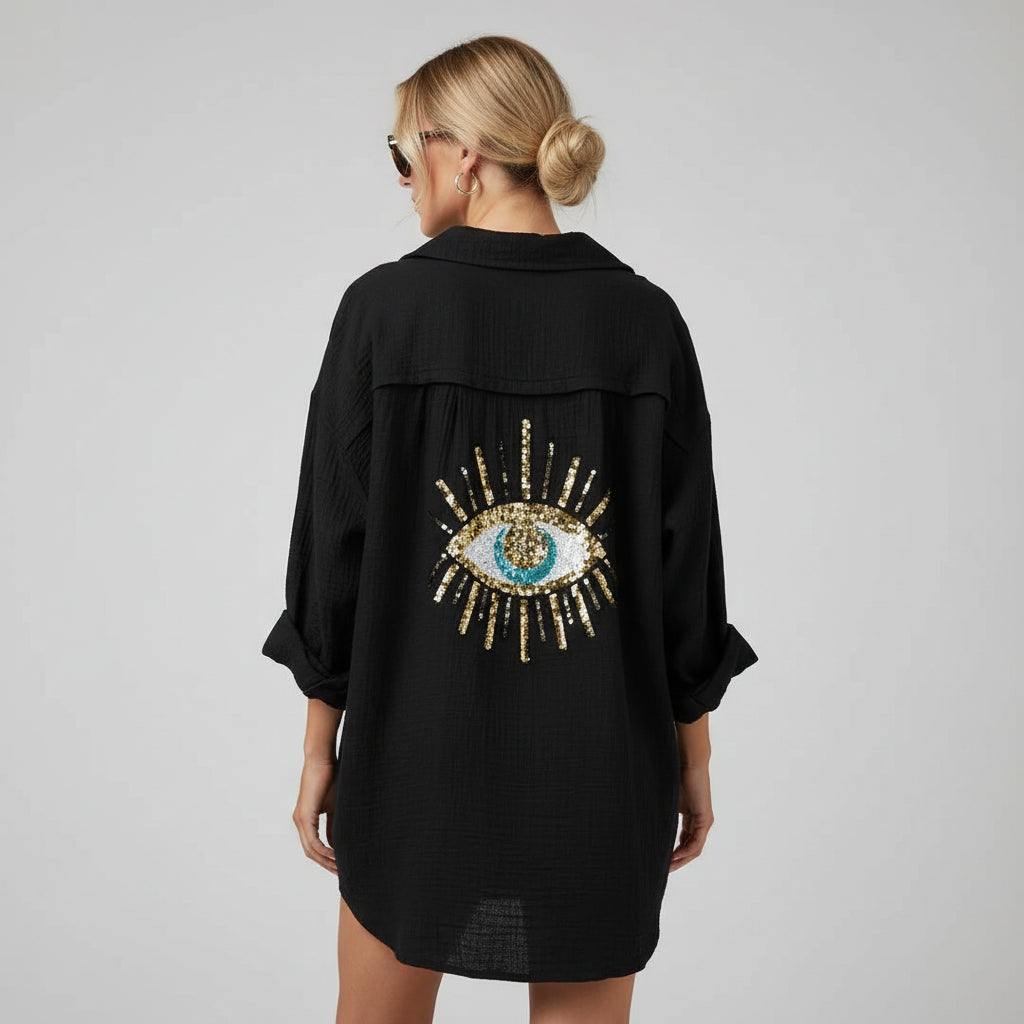 Sequin Evil Eye Oversize Linen Beach Shirt