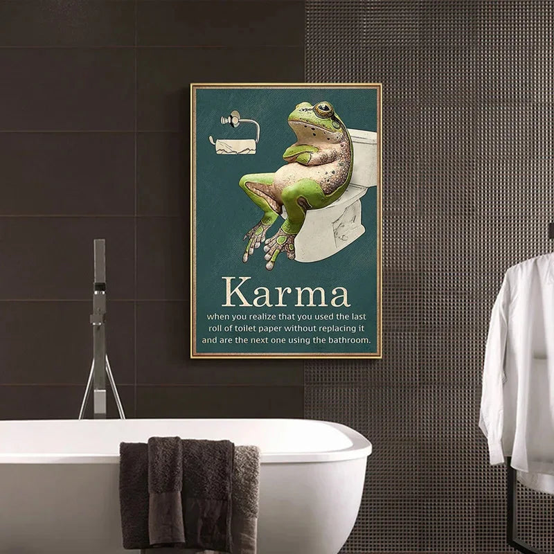 Karma Frog Toilet Bathroom Art Print above a bath