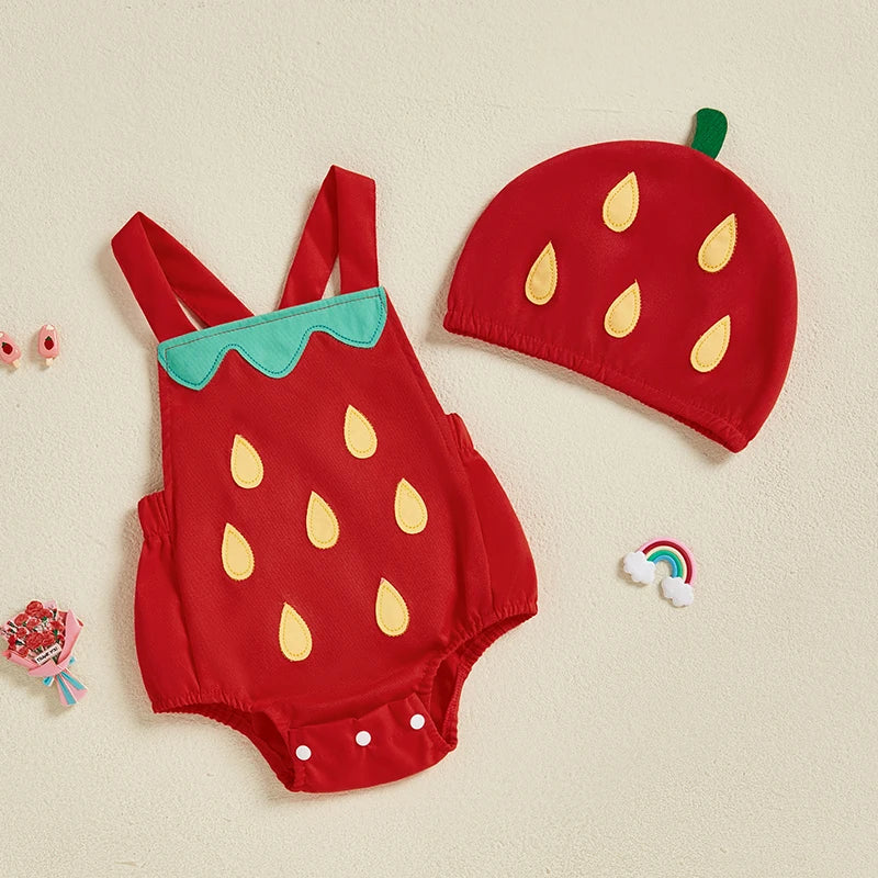 Strawberry-themed baby romper and hat set on a beige background