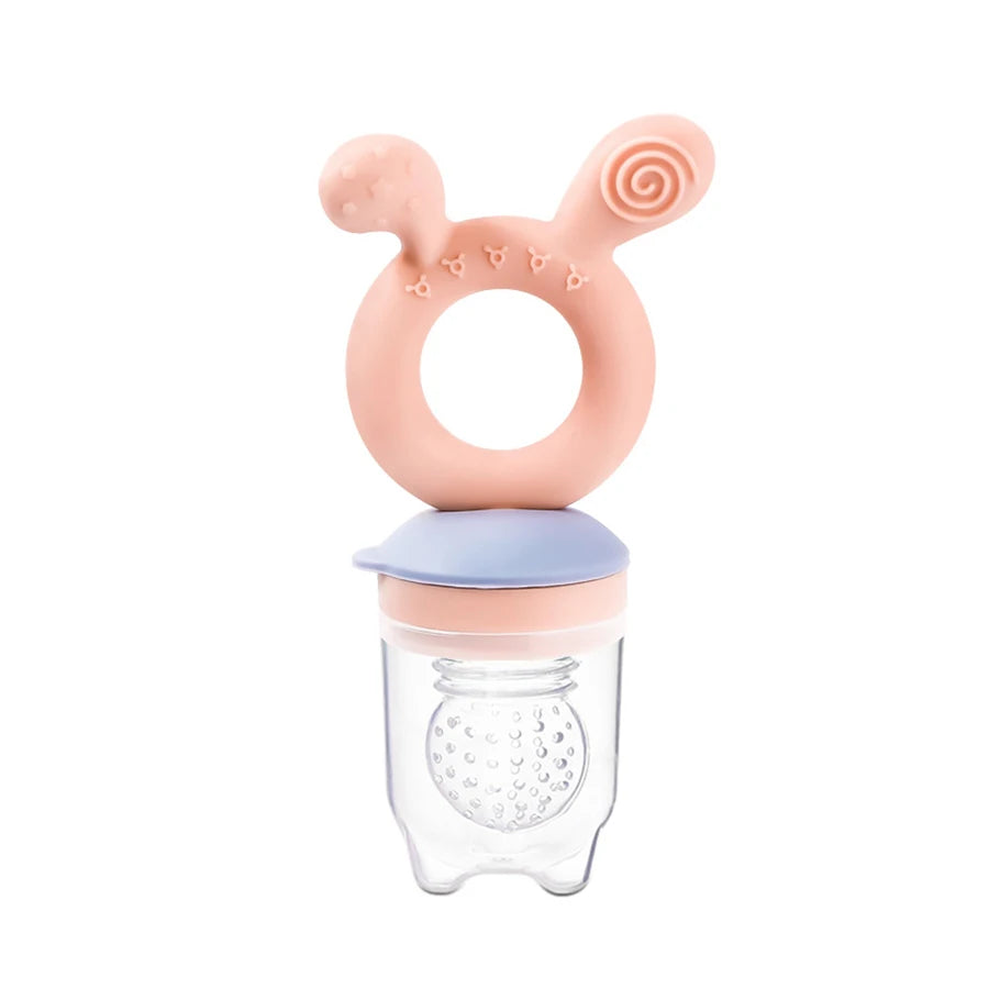 Pink and purple baby teether on a white background