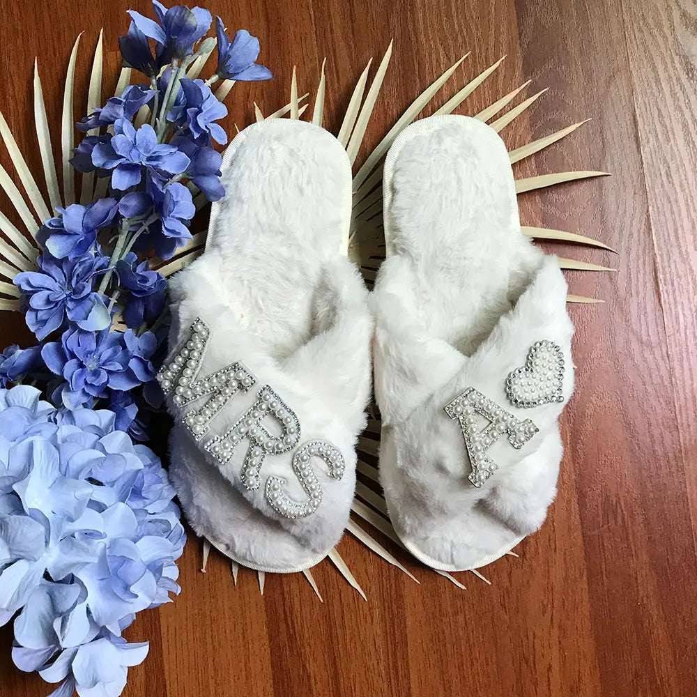 Personalised Bride Mrs Pearl Fluffy Slippers - slippers from Dear Cece - Just £24.99! Shop now at Dear Cece