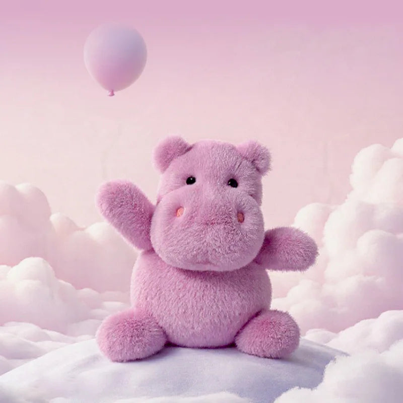 Pink hippo teddy bear sitting on clouds with a pink balloon in the background