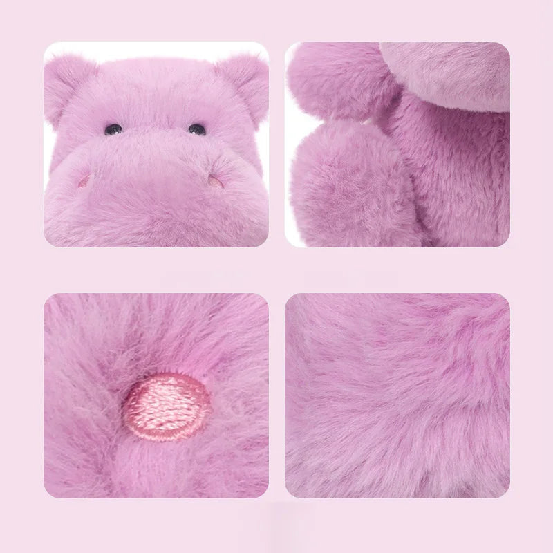 Collage of a pink plush toy with close-up details on a light pink background