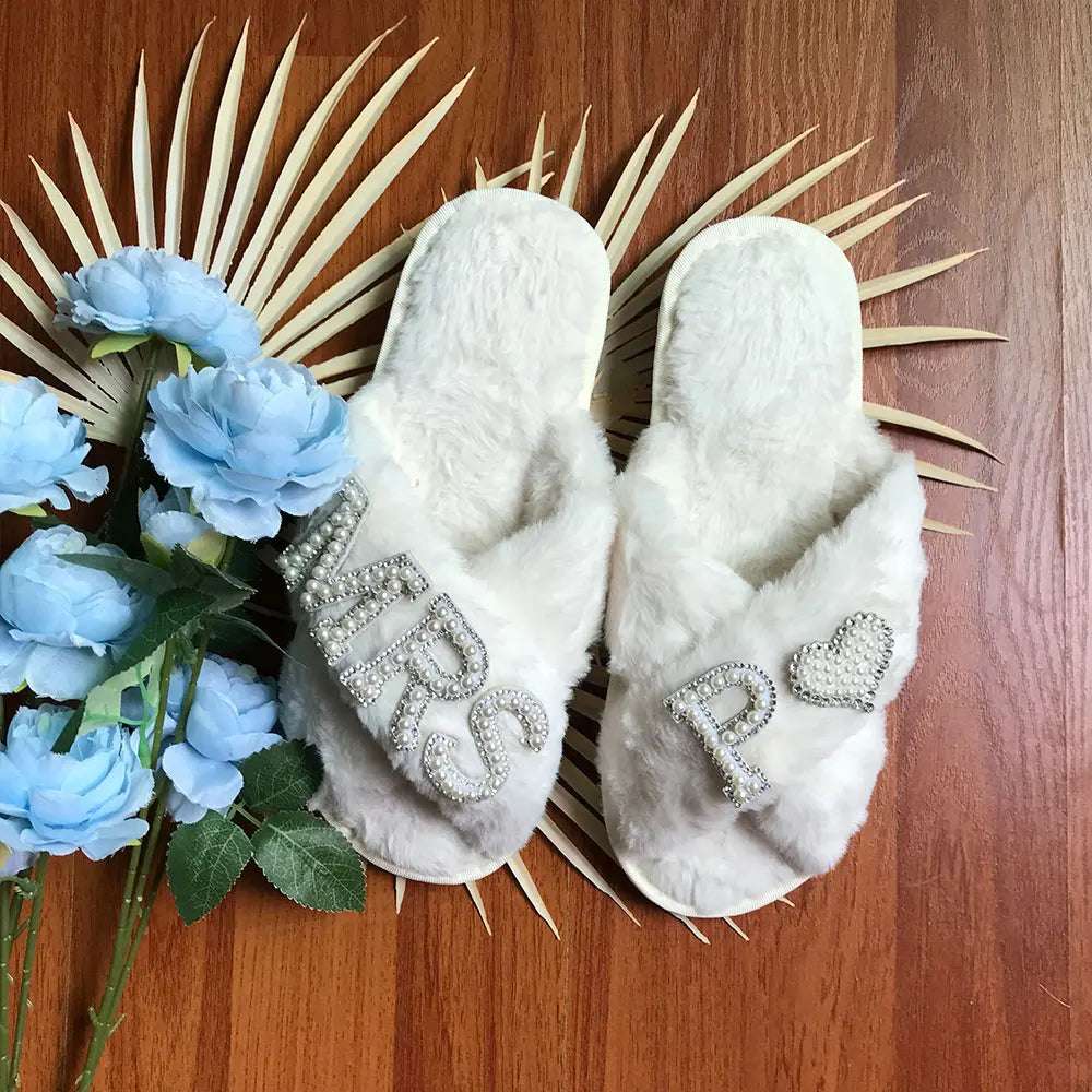 Personalised Bride Mrs Pearl Fluffy Slippers - slippers from Dear Cece - Just £24.99! Shop now at Dear Cece