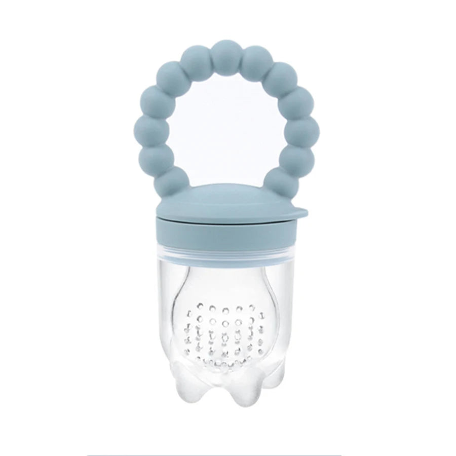 Blue baby teether with a clear handle on a white background