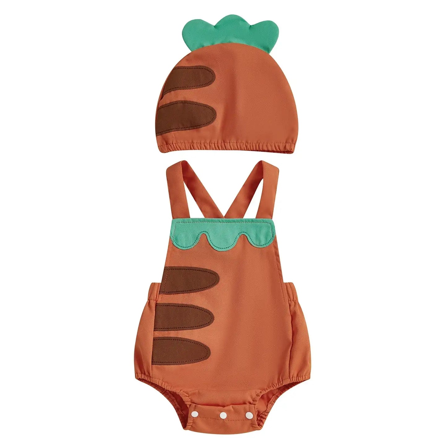 Baby romper and hat set with dinosaur design on a white background