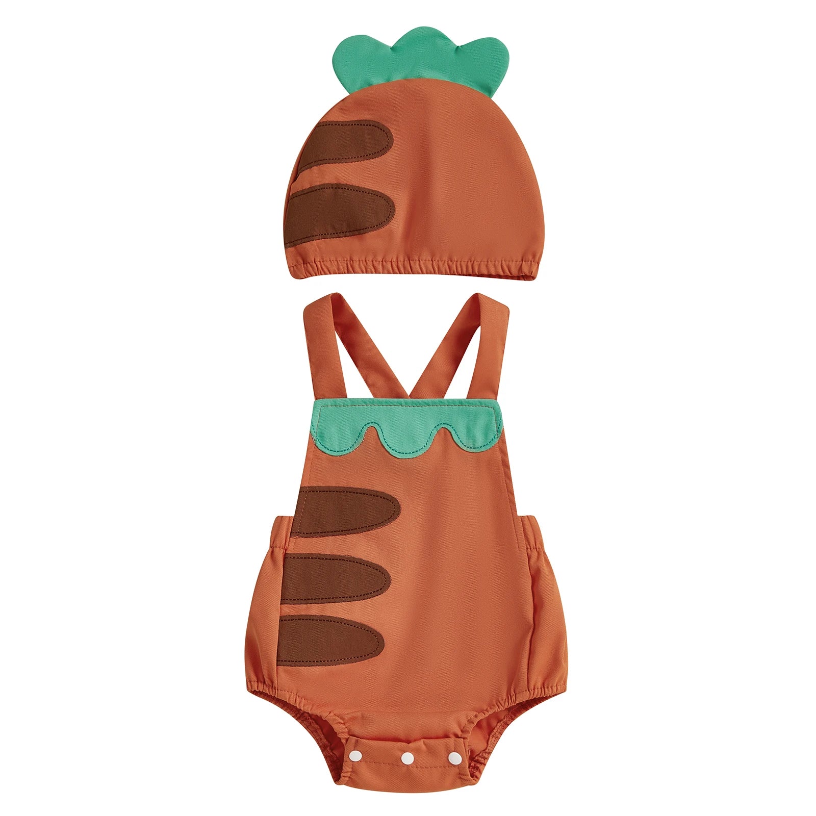 Baby romper and hat set with dinosaur design on a white background