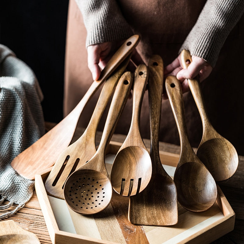 Natural Teak 9 Piece Wooden Cooking Utensils Set - kitchen Accessories from Dear Cece - Just £34.99! Shop now at Dear Cece