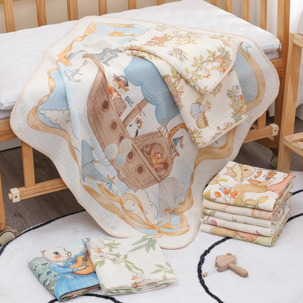 Baby towel with Noah's Ark design on a crib