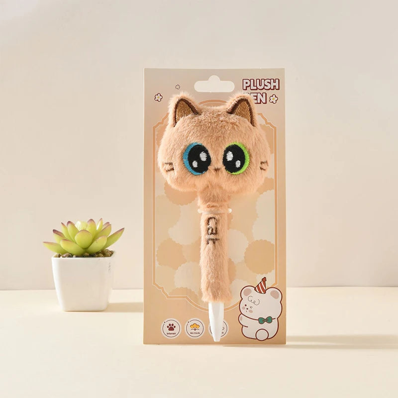 Plush cat toy in packaging with a succulent plant on a light background