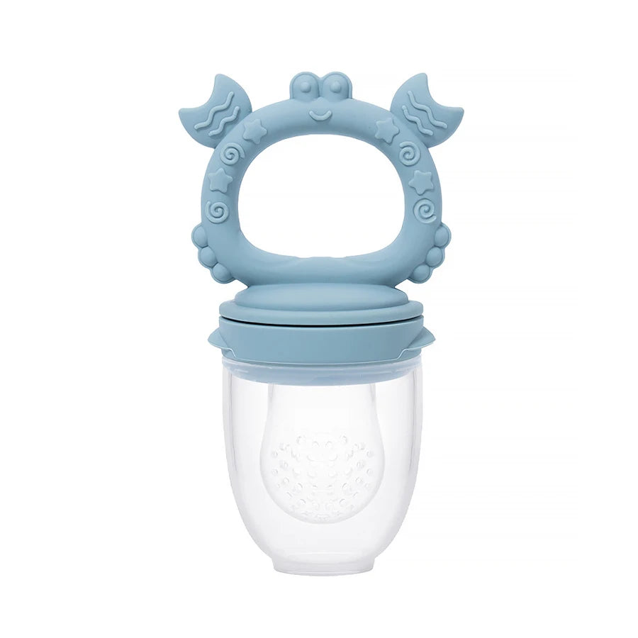 Blue silicone baby teether on a white background