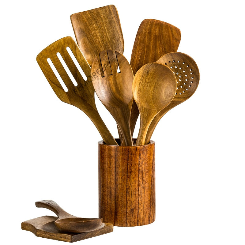 Natural Teak 9 Piece Wooden Cooking Utensils Set - kitchen Accessories from Dear Cece - Just £34.99! Shop now at Dear Cece
