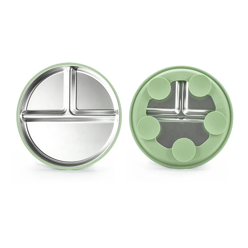 Two green and silver compartmentalized containers on a white background