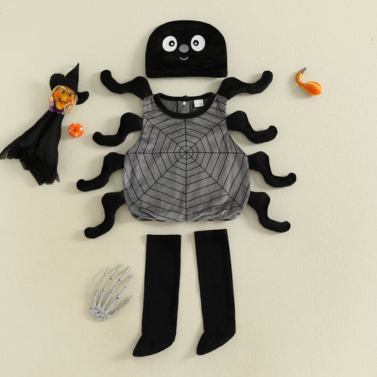 Children's Halloween costume with spider design on a beige background