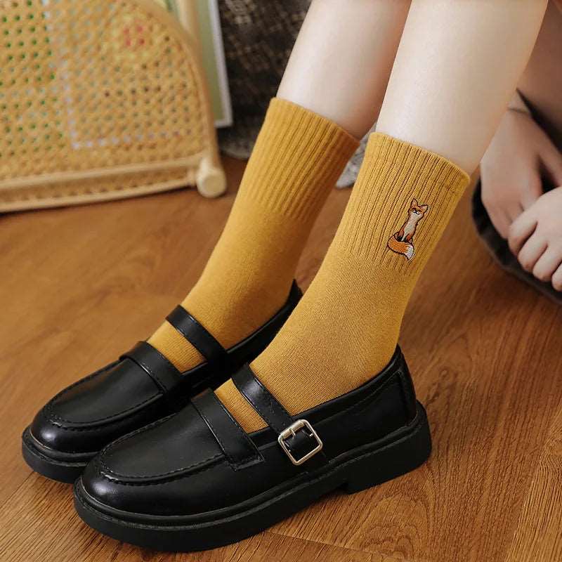 Yellow Autumn Vibes Embroidered Cotton Fox Socks