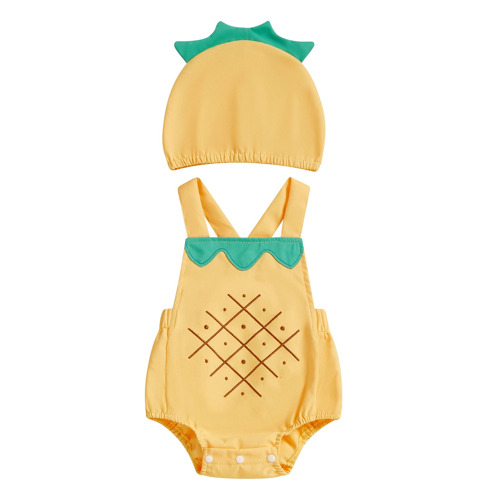 Yellow baby romper with green accents and matching hat on a white background