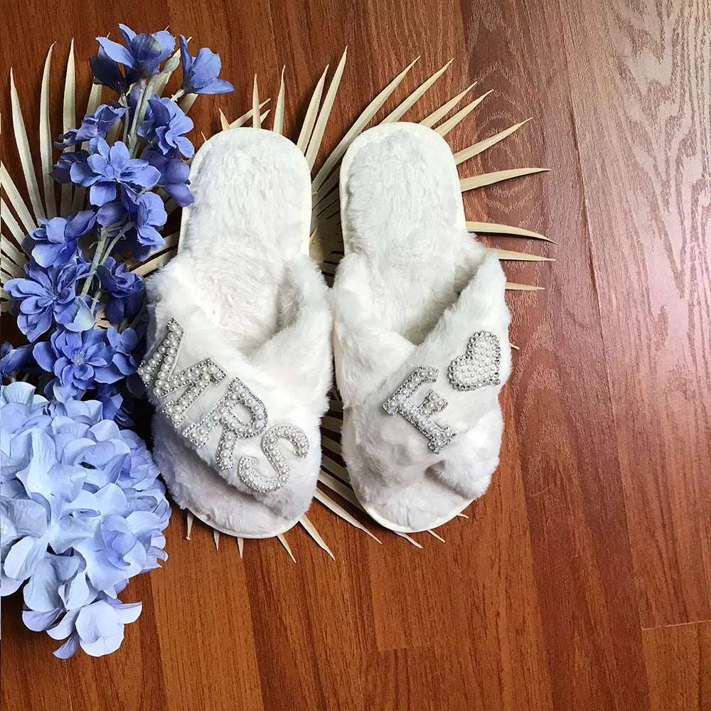 Personalised Bride Mrs Pearl Fluffy Slippers - slippers from Dear Cece - Just £24.99! Shop now at Dear Cece