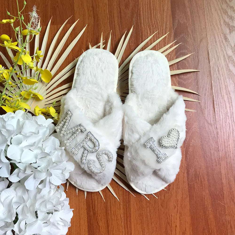 Personalised Bride Mrs Pearl Fluffy Slippers - slippers from Dear Cece - Just £24.99! Shop now at Dear Cece