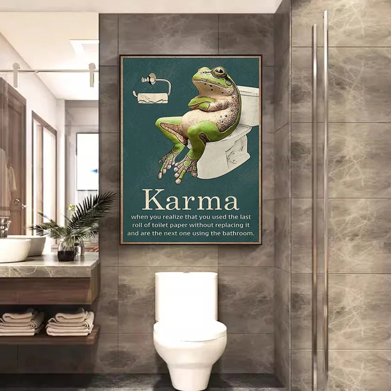 Karma Frog Toilet Bathroom Art Print above a toilet