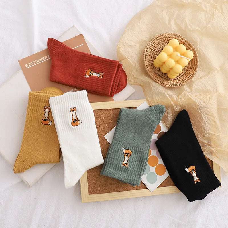 Embroidered Cotton Fox Socks
