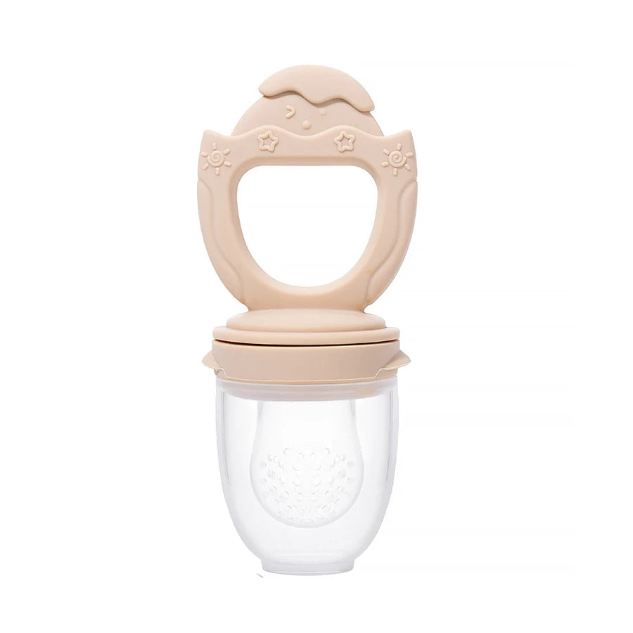 Baby teether with clear container and beige top on a white background