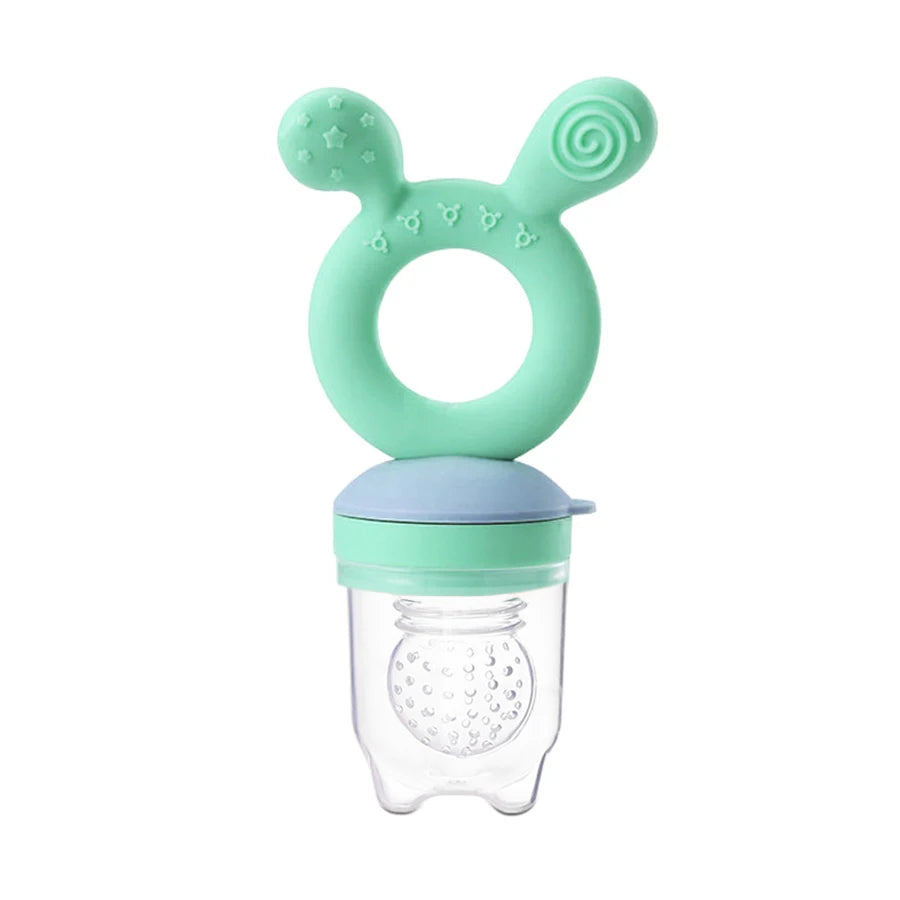 Mint green and light blue baby teether on a white background