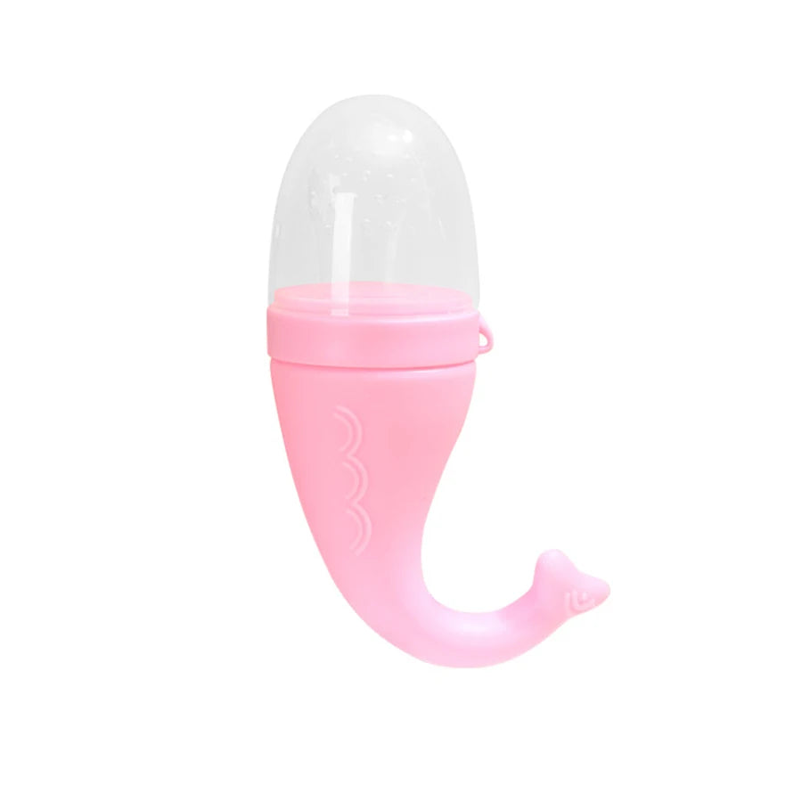 Pink and clear silicone baby bottle with a unique design on a white background