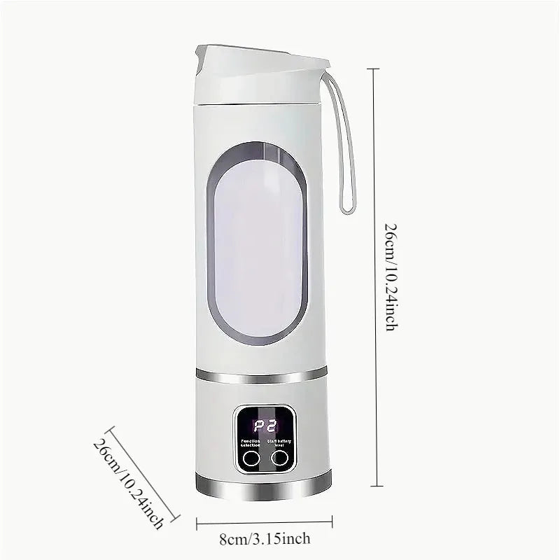 White portable juicer with digital display and dimensions on a white background