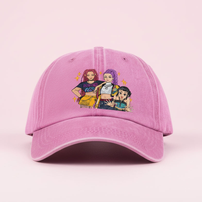 Pink cap with cartoon characters on a white background