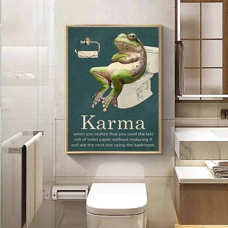 Karma Frog Toilet Bathroom Art Print in a bathroom setting