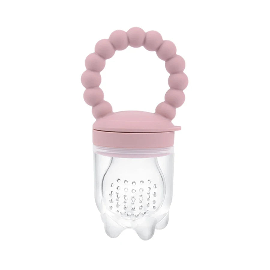 Pink baby teether with clear container on a white background